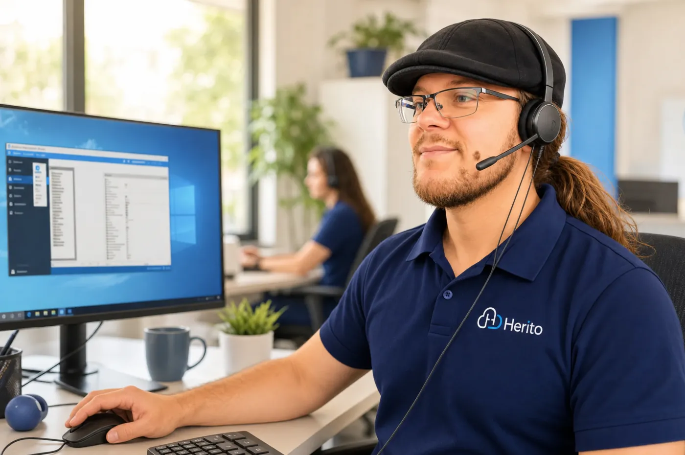 Rick van Herito helpt een klant aan de telefoon met een headset op