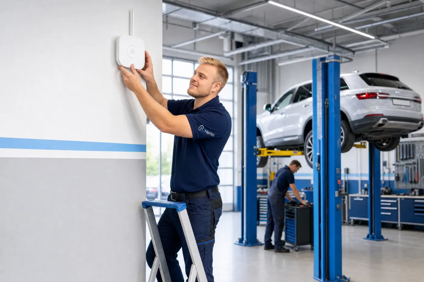 Herito-engineer hangt een wifi-punt op in een garagewerkplaats