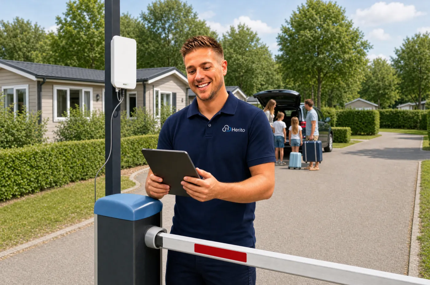 Herito-medewerker controleert de slagboom en de wifi-antenne bij de receptie van een vakantiepark