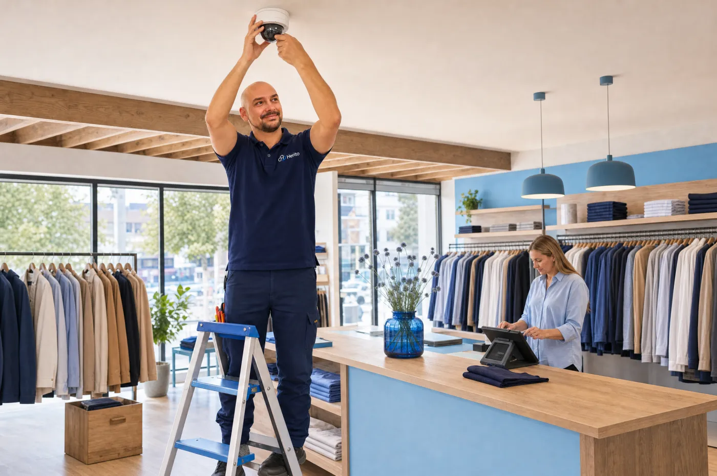 Herito-engineer monteert een camera boven de kassa in een winkel
