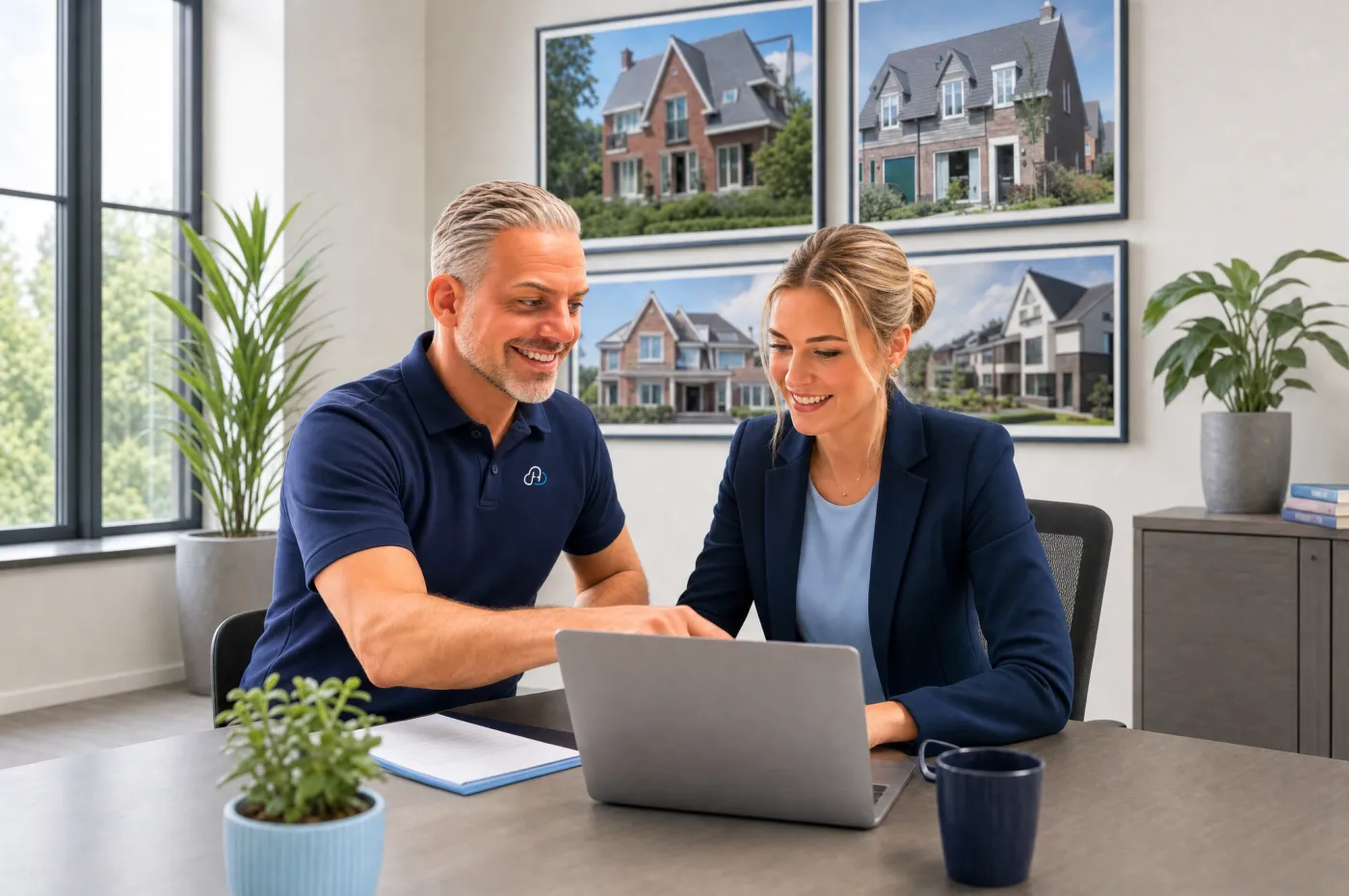 Herito-medewerker werkt met een makelaar aan haar laptop