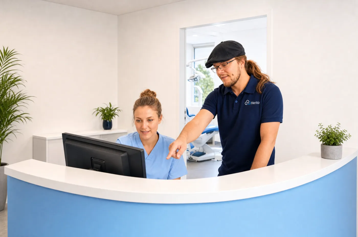 Herito-medewerker helpt een tandartsassistente aan de balie