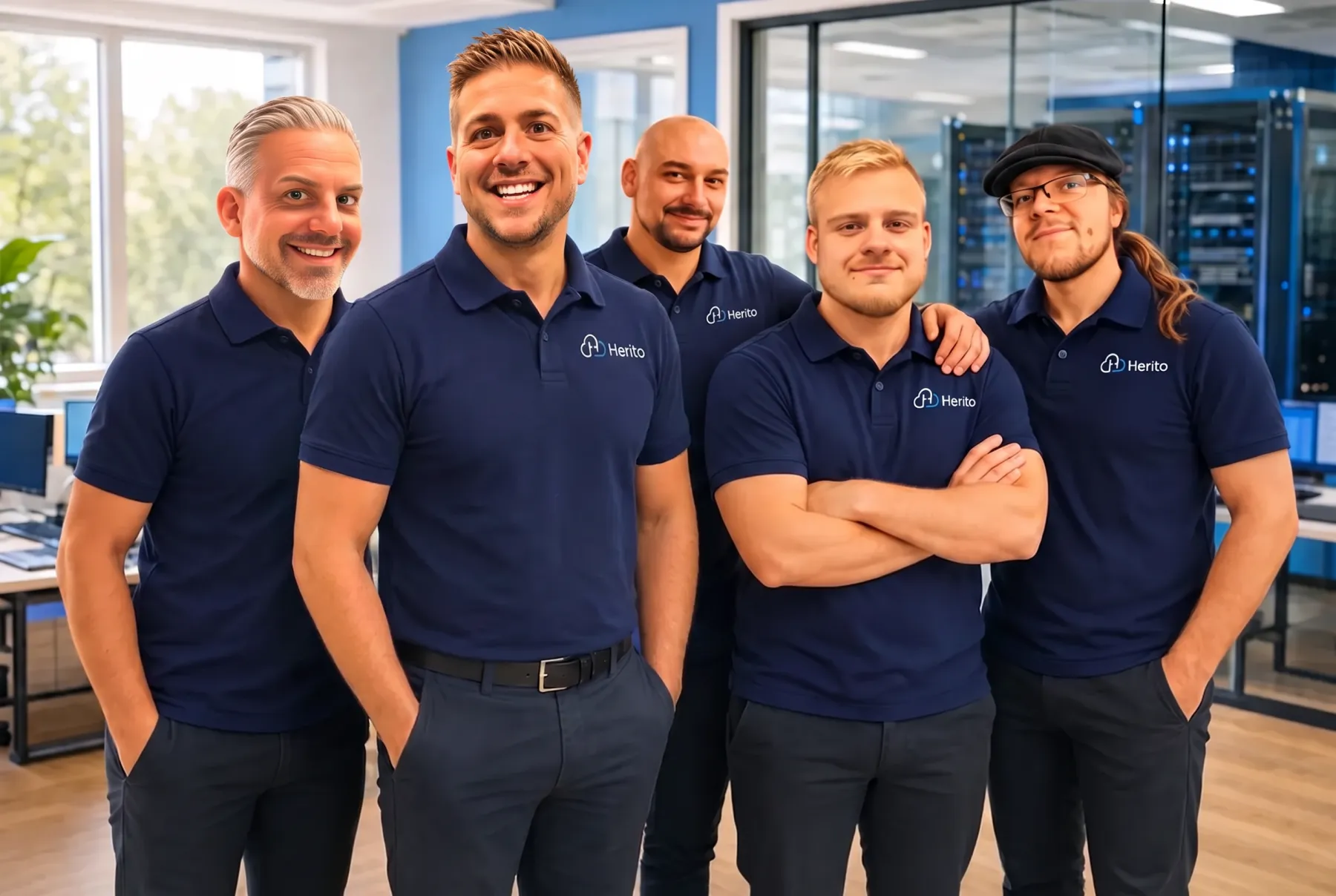 Het Herito-team samen op kantoor: Dion, Raoul, Sonny, Lars en Rick in de navy Herito-polo