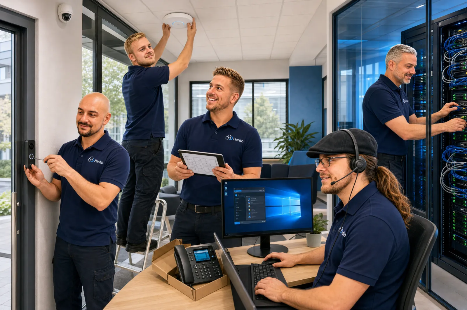 Het Herito-team aan het werk: een videodeurbel monteren, een wifi-punt ophangen, de oplevering nalopen, een klant helpen aan de telefoon en een serverkast controleren